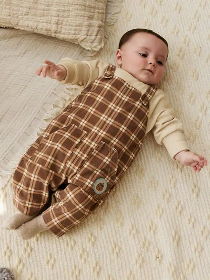 |BabyBoy| Conjunto De Macacão e Macacão Xadrez Marrom Para Bebê (0 meses a 2 anos)