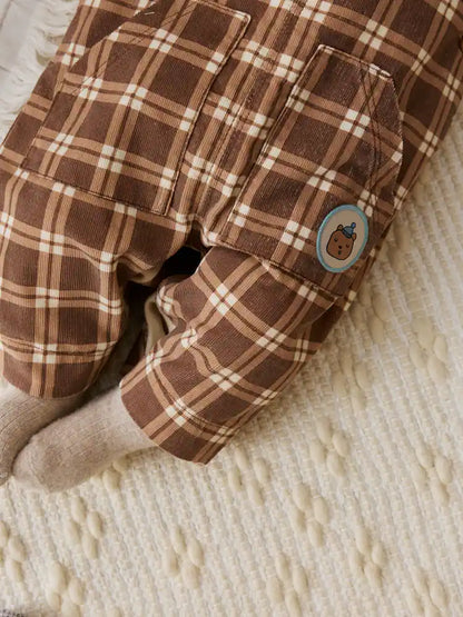 |BabyBoy| Conjunto De Macacão e Macacão Xadrez Marrom Para Bebê (0 meses a 2 anos)
