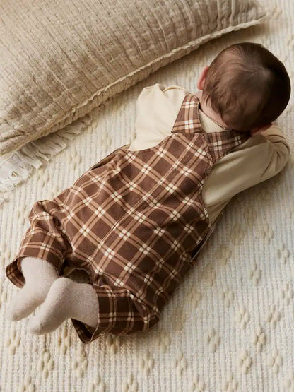 |BabyBoy| Conjunto De Macacão e Macacão Xadrez Marrom Para Bebê (0 meses a 2 anos)