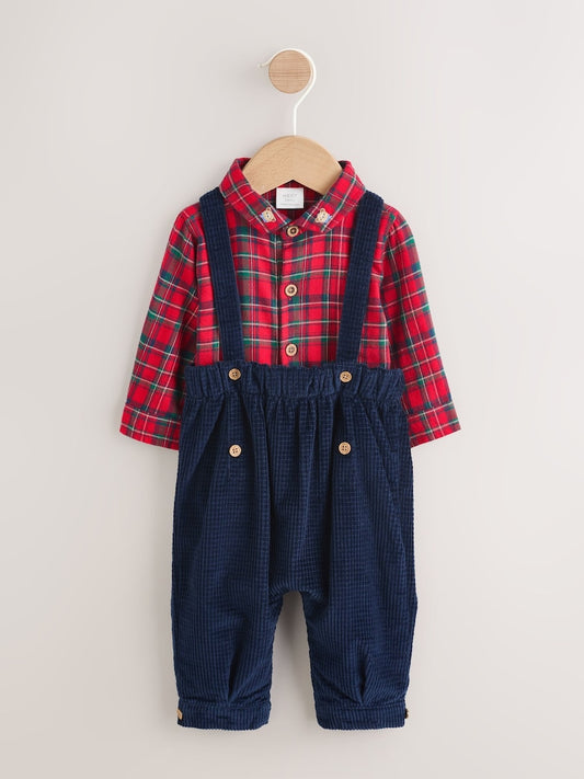 |BabyBoy| Conjunto De 3 Peças De Camisas, Calças e Suspensórios Xadrez Vermelho Para Bebê (0 meses a 2 anos)