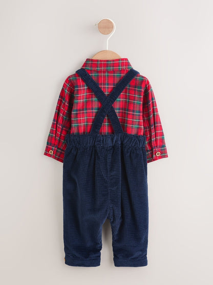 |BabyBoy| Conjunto De 3 Peças De Camisas, Calças e Suspensórios Xadrez Vermelho Para Bebê (0 meses a 2 anos)