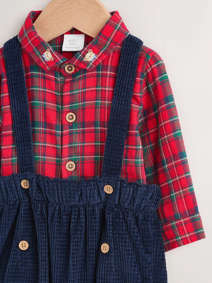 |BabyBoy| Conjunto De 3 Peças De Camisas, Calças e Suspensórios Xadrez Vermelho Para Bebê (0 meses a 2 anos)