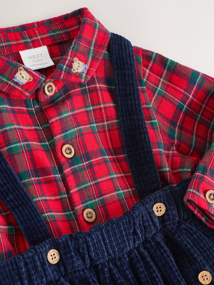 |BabyBoy| Conjunto De 3 Peças De Camisas, Calças e Suspensórios Xadrez Vermelho Para Bebê (0 meses a 2 anos)