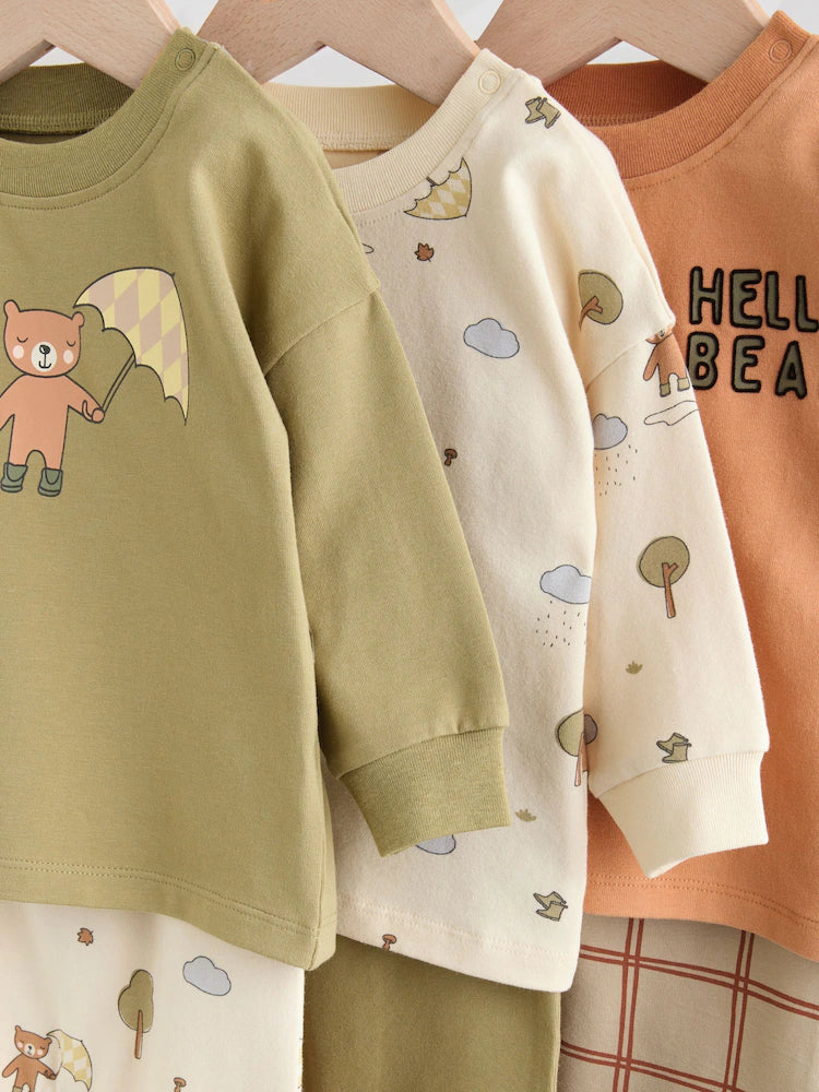 |BabyBoy| Conjunto De 6 Peças Para Bebês, Blusas e Leggings Hello Bear Cáqui/Bege (0 meses a 3 anos)