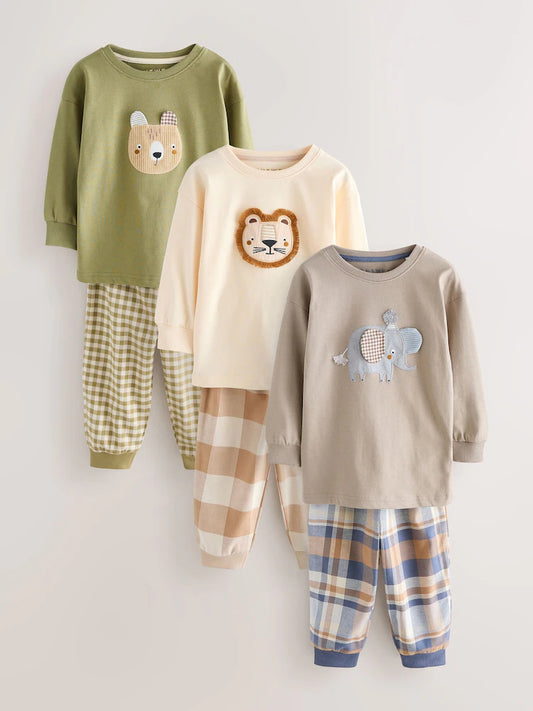 |Boy| Conjunto De 3 Pijamas Com Estampa Animal Xadrez Nas Cores Verde-Oliva, Bege e Cru (9 meses a 8 anos)