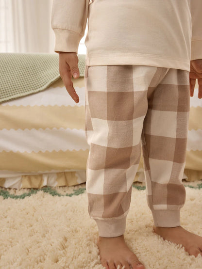 |Gutt| Sett med 3 pysjamaser med rutete dyretrykk i olivengrønt, beige og naturhvitt (9 måneder til 8 år)