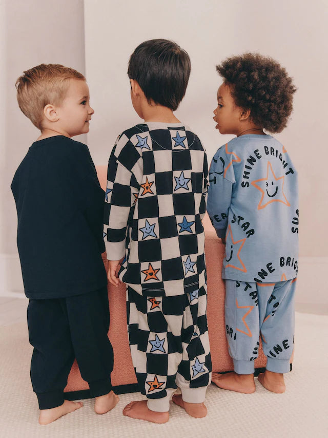 |Boy| Pacote Com 3 Pijamas Grandes Com Estampa Xadrez e Estrelas (9 meses a 10 anos)