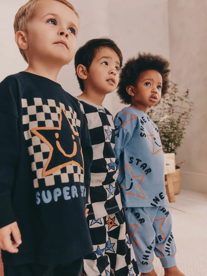 |Boy| Pacote Com 3 Pijamas Grandes Com Estampa Xadrez e Estrelas (9 meses a 10 anos)