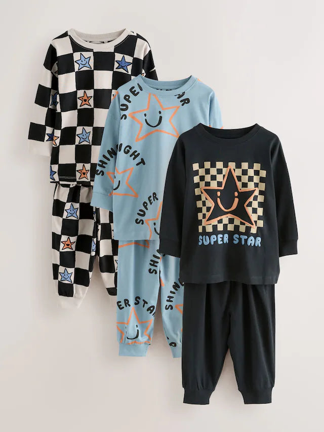 |Boy| Pacote Com 3 Pijamas Grandes Com Estampa Xadrez e Estrelas (9 meses a 10 anos)