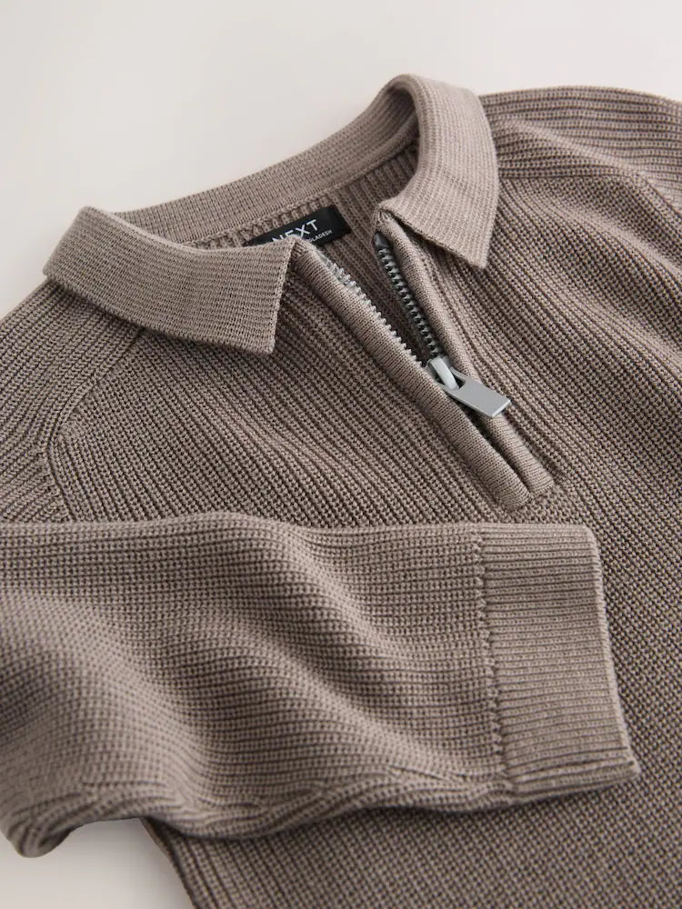 |Boy| Camisa Polo De Malha Marrom-Mink Com Manga Comprida e Zíper De Um Quarto (3 meses a 7 anos)