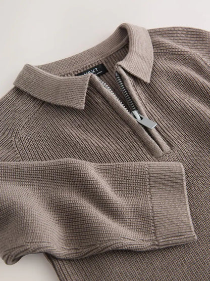 |Boy| Camisa Polo De Malha Marrom-Mink Com Manga Comprida e Zíper De Um Quarto (3 meses a 7 anos)