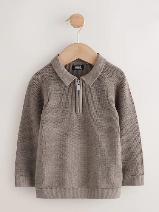 |Boy| Camisa Polo De Malha Marrom-Mink Com Manga Comprida e Zíper De Um Quarto (3 meses a 7 anos)