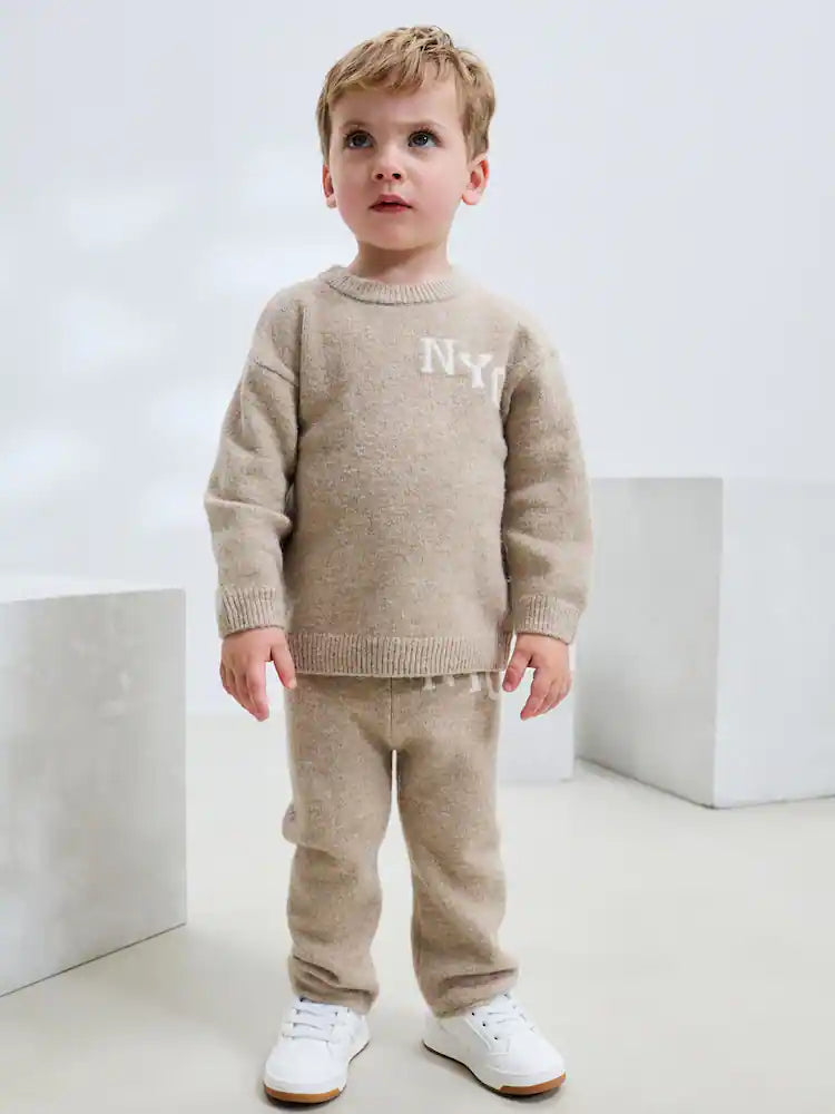 |Boy| Conjunto De Suéter e Calça De Moletom NYC Varsity Em Tricô Neutro (3 meses a 7 anos)