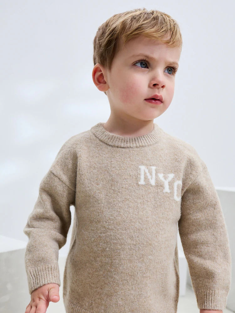|Boy| Conjunto De Suéter e Calça De Moletom NYC Varsity Em Tricô Neutro (3 meses a 7 anos)