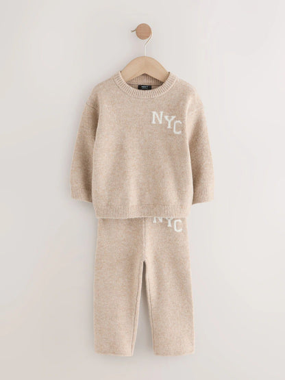 |Boy| Conjunto De Suéter e Calça De Moletom NYC Varsity Em Tricô Neutro (3 meses a 7 anos)
