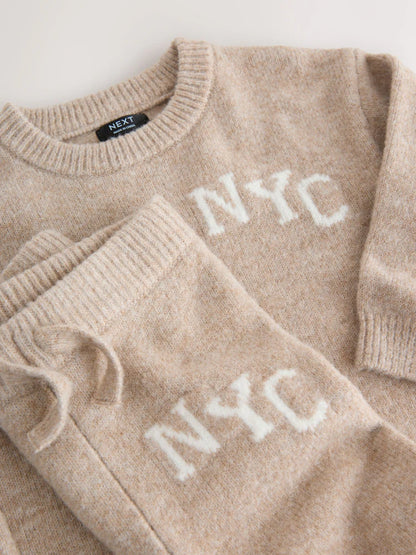 |Boy| Conjunto De Suéter e Calça De Moletom NYC Varsity Em Tricô Neutro (3 meses a 7 anos)