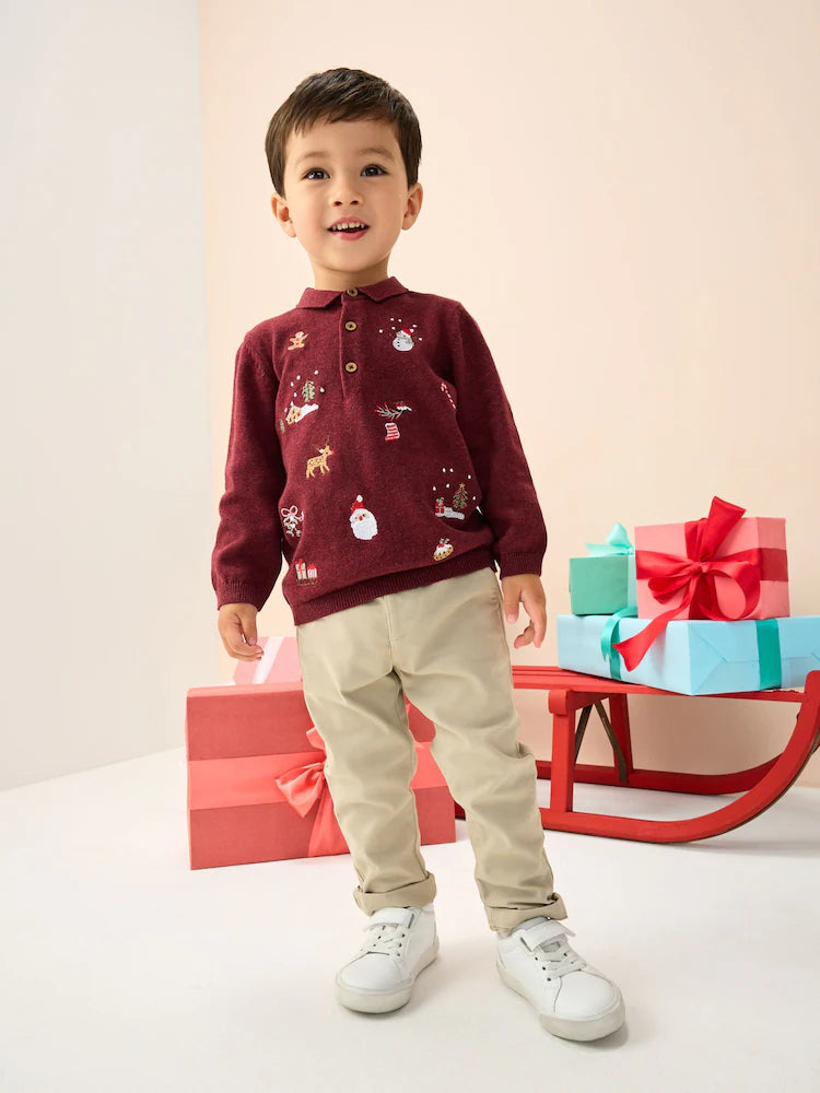 |Boy| Camisa Polo De Malha Bordada Em Roxo Ameixa Para o Natal (3 meses a 7 anos)