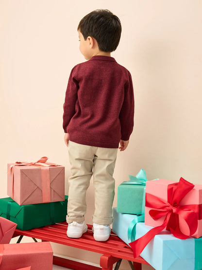 |Boy| Camisa Polo De Malha Bordada Em Roxo Ameixa Para o Natal (3 meses a 7 anos)