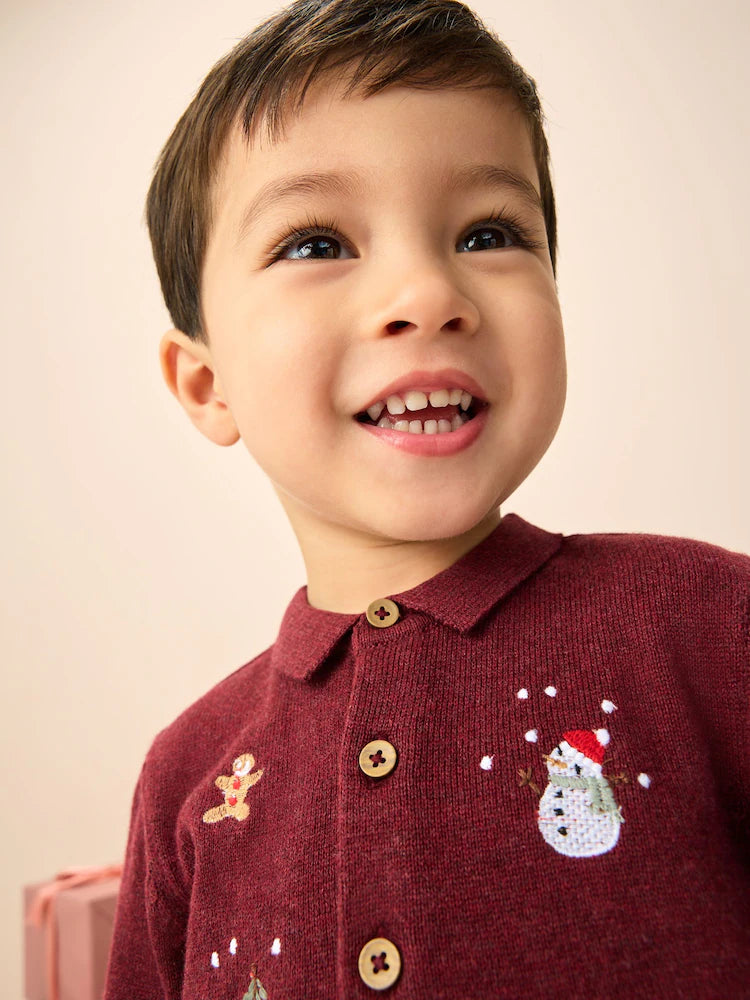 |Boy| Camisa Polo De Malha Bordada Em Roxo Ameixa Para o Natal (3 meses a 7 anos)
