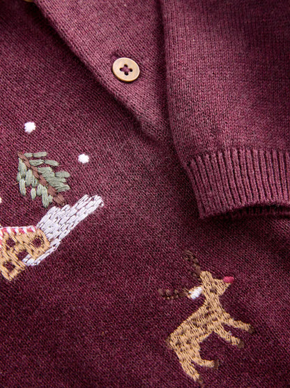 |Boy| Camisa Polo De Malha Bordada Em Roxo Ameixa Para o Natal (3 meses a 7 anos)