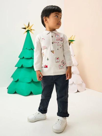 |Boy| Camisa Polo De Malha Bordada Creme Para o Natal (3 meses a 7 anos)