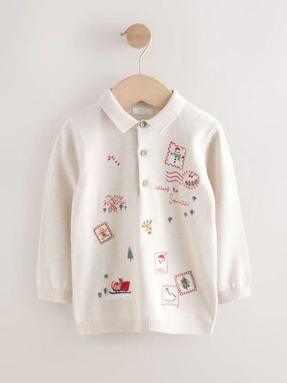 |Boy| Camisa Polo De Malha Bordada Creme Para o Natal (3 meses a 7 anos)