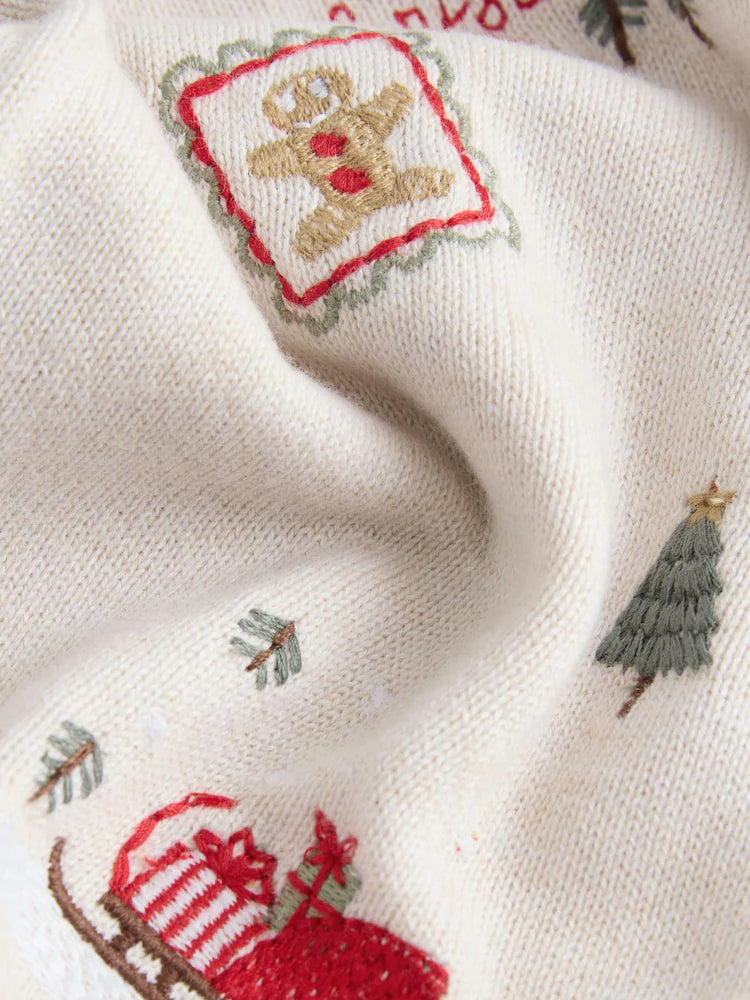 |Boy| Camisa Polo De Malha Bordada Creme Para o Natal (3 meses a 7 anos)