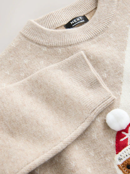 |Boy| Suéter De Natal Em Tricô Com Estampa De Casa De Gengibre Neutra (3 meses a 7 anos)