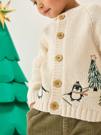 |Boy| Cardigan De Natal Com Estampa De Pinguim Creme (3 meses a 7 anos)