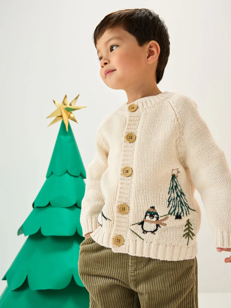 |Boy| Cardigan De Natal Com Estampa De Pinguim Creme (3 meses a 7 anos)
