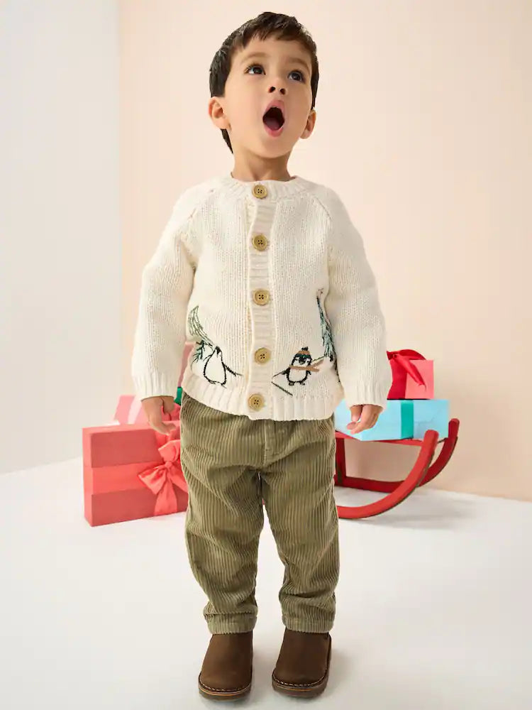 |Boy| Cardigan De Natal Com Estampa De Pinguim Creme (3 meses a 7 anos)