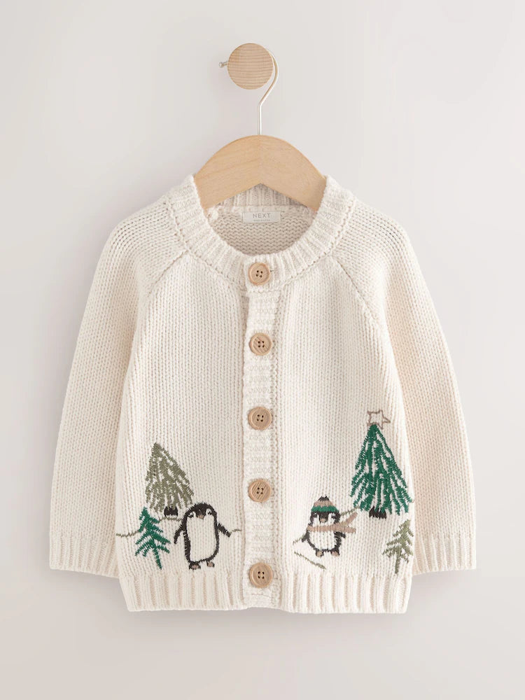 |Boy| Cardigan De Natal Com Estampa De Pinguim Creme (3 meses a 7 anos)