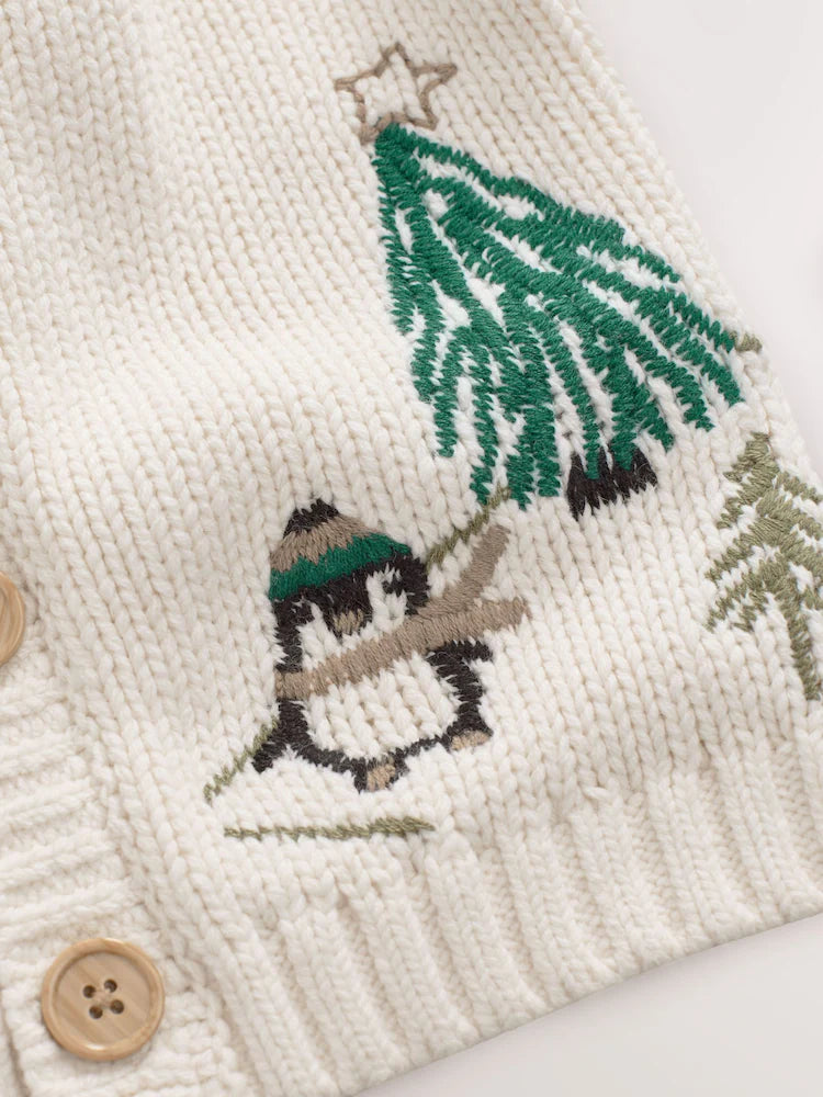 |Boy| Cardigan De Natal Com Estampa De Pinguim Creme (3 meses a 7 anos)