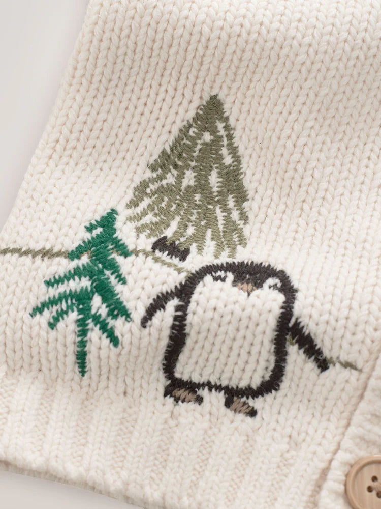 |Boy| Cardigan De Natal Com Estampa De Pinguim Creme (3 meses a 7 anos)