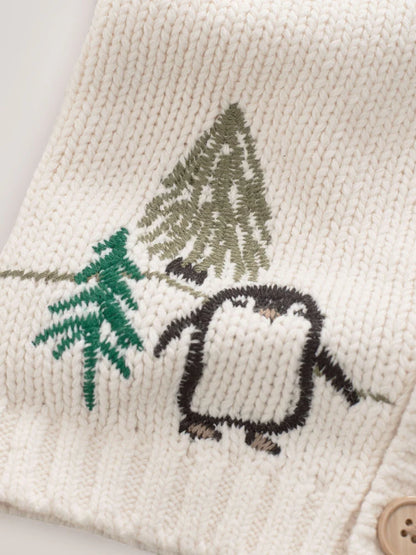 |Boy| Cardigan De Natal Com Estampa De Pinguim Creme (3 meses a 7 anos)