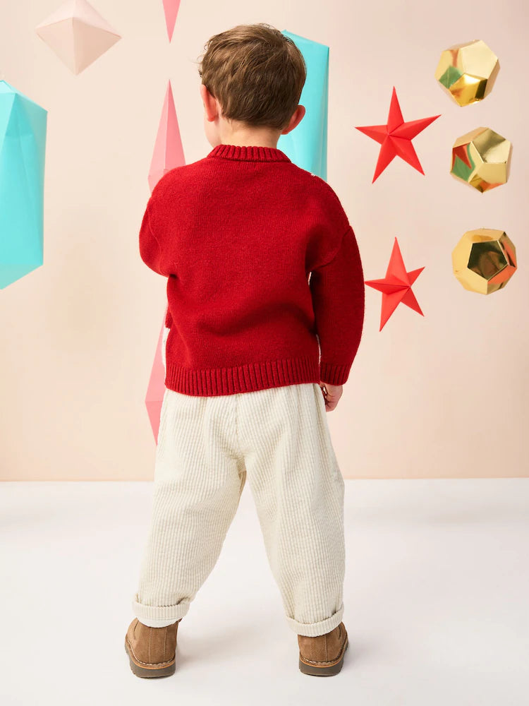 |Boy| Suéter De Natal Em Tricô Com Rena Vermelha Brilhante (3 meses a 7 anos)