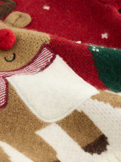 |Boy| Suéter De Natal Em Tricô Com Rena Vermelha Brilhante (3 meses a 7 anos)