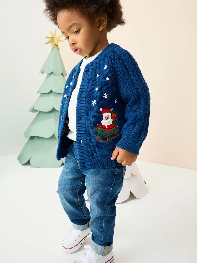 |Boy| Cardigan De Natal Com Estampa Azul Marinho (3 meses a 7 anos)