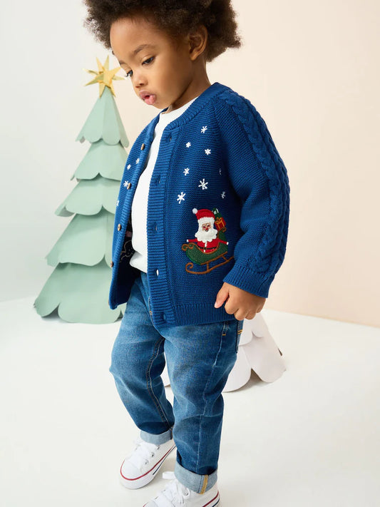 |Boy| Cardigan De Natal Com Estampa Azul Marinho (3 meses a 7 anos)