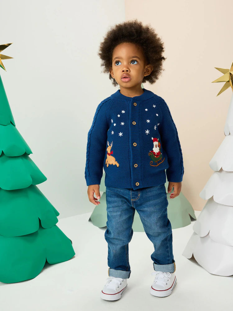 |Boy| Cardigan De Natal Com Estampa Azul Marinho (3 meses a 7 anos)