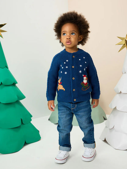 |Boy| Cardigan De Natal Com Estampa Azul Marinho (3 meses a 7 anos)