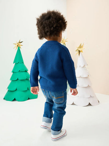 |Boy| Cardigan De Natal Com Estampa Azul Marinho (3 meses a 7 anos)