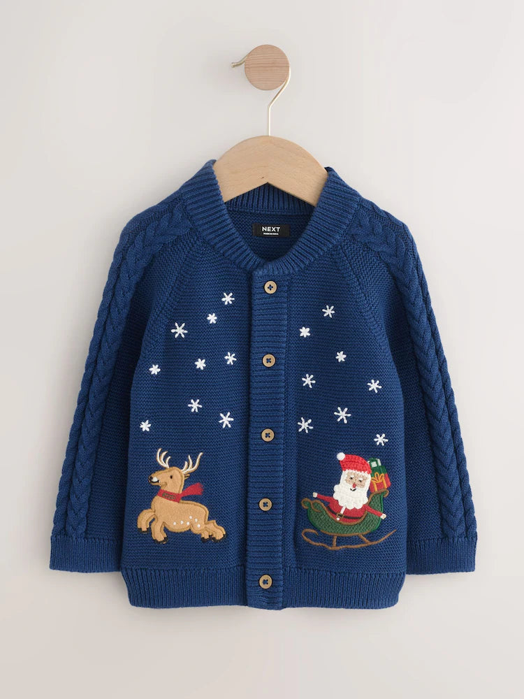 |Boy| Cardigan De Natal Com Estampa Azul Marinho (3 meses a 7 anos)