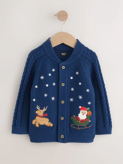 |Boy| Cardigan De Natal Com Estampa Azul Marinho (3 meses a 7 anos)