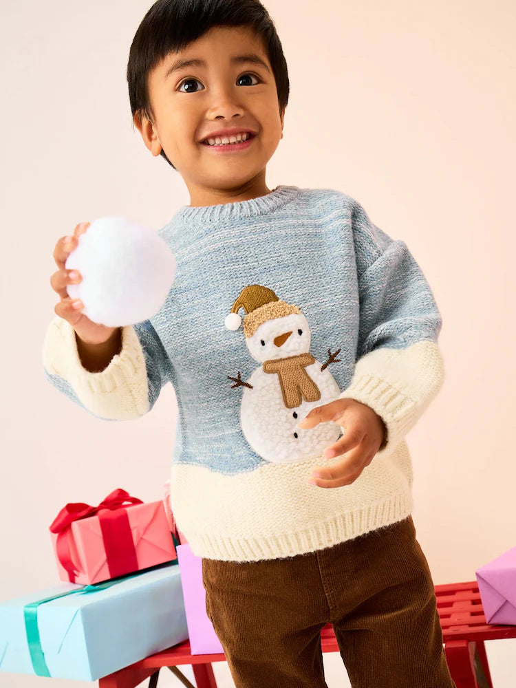 |Boy| Suéter De Natal Em Tricô Com Boneco De Neve Azul/Cru (3 meses a 7 anos)
