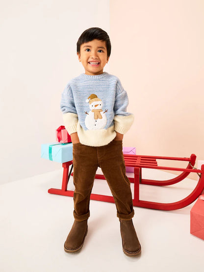|Boy| Suéter De Natal Em Tricô Com Boneco De Neve Azul/Cru (3 meses a 7 anos)