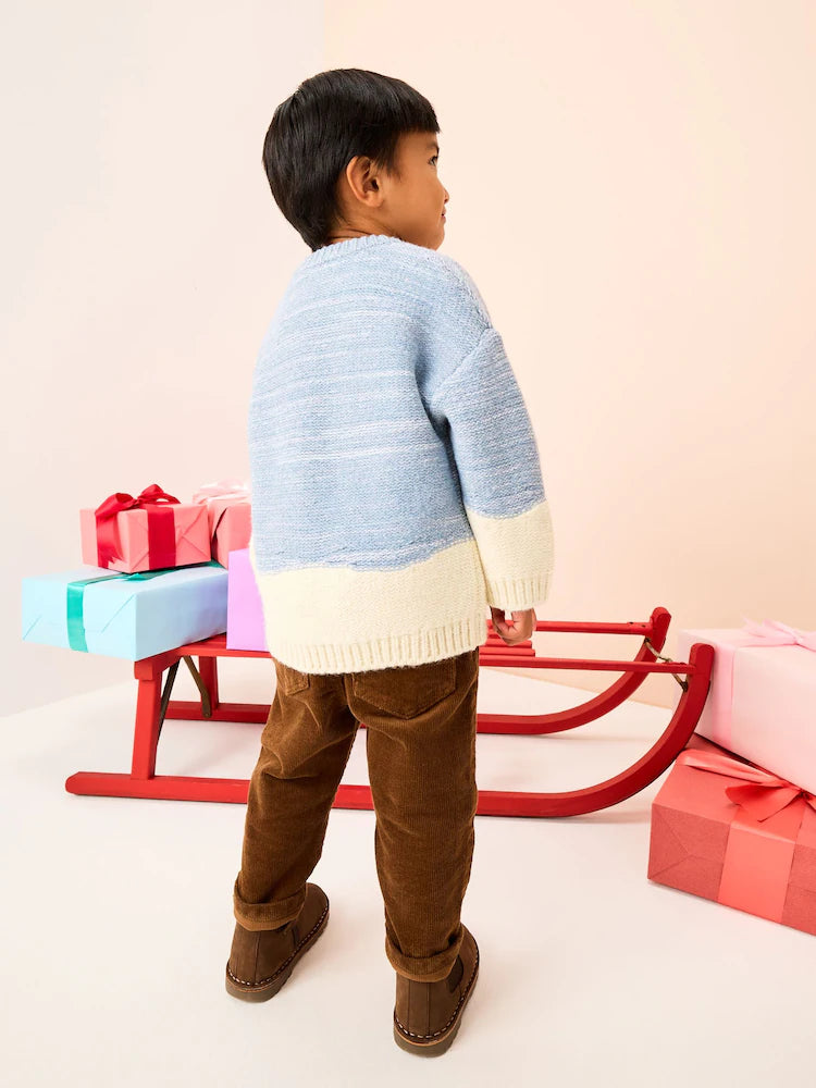 |Boy| Suéter De Natal Em Tricô Com Boneco De Neve Azul/Cru (3 meses a 7 anos)