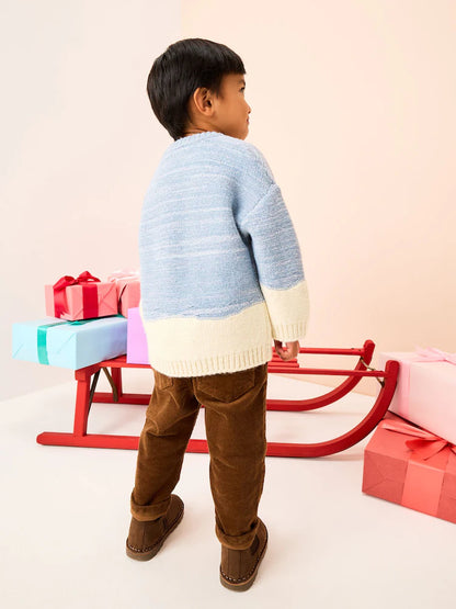 |Boy| Suéter De Natal Em Tricô Com Boneco De Neve Azul/Cru (3 meses a 7 anos)