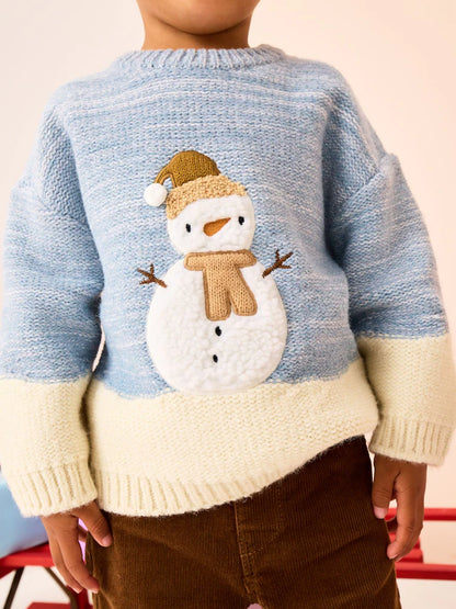 |Boy| Suéter De Natal Em Tricô Com Boneco De Neve Azul/Cru (3 meses a 7 anos)