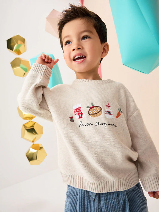|Boy| Suéter De Natal Em Tricô Creme (3 meses a 7 anos)